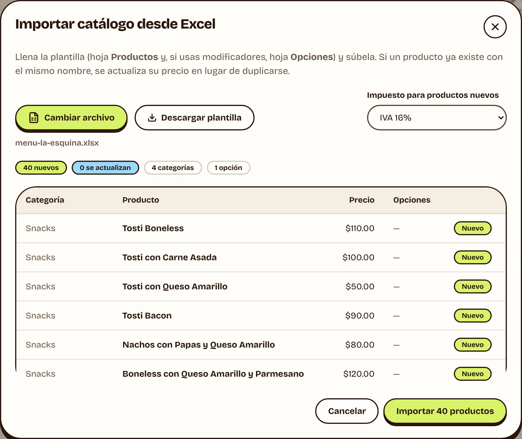 Importar el menú desde Excel: vista previa con 40 productos nuevos y sus precios