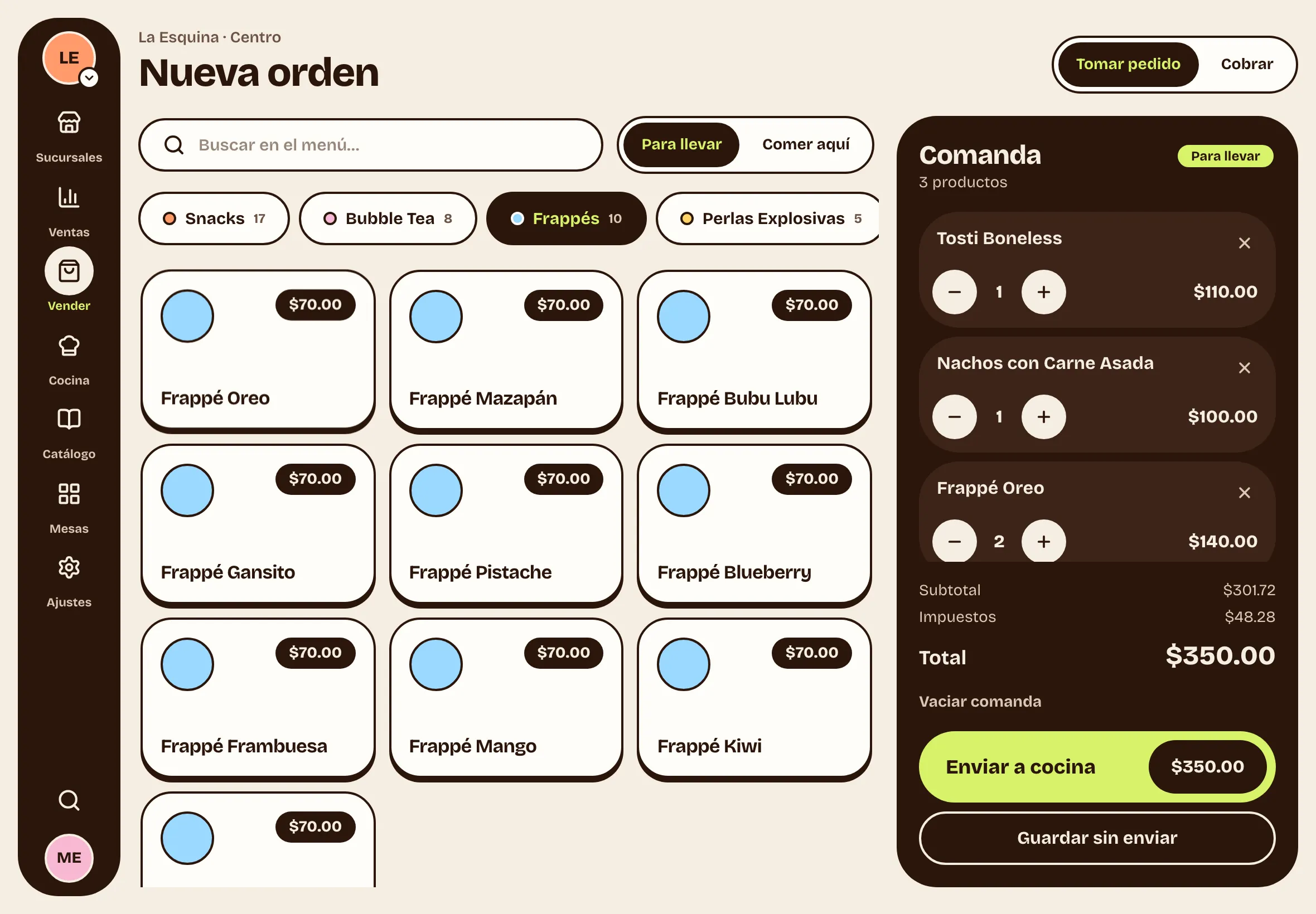 Pantalla de cacao para tomar pedidos: categorías, productos y la comanda con su total